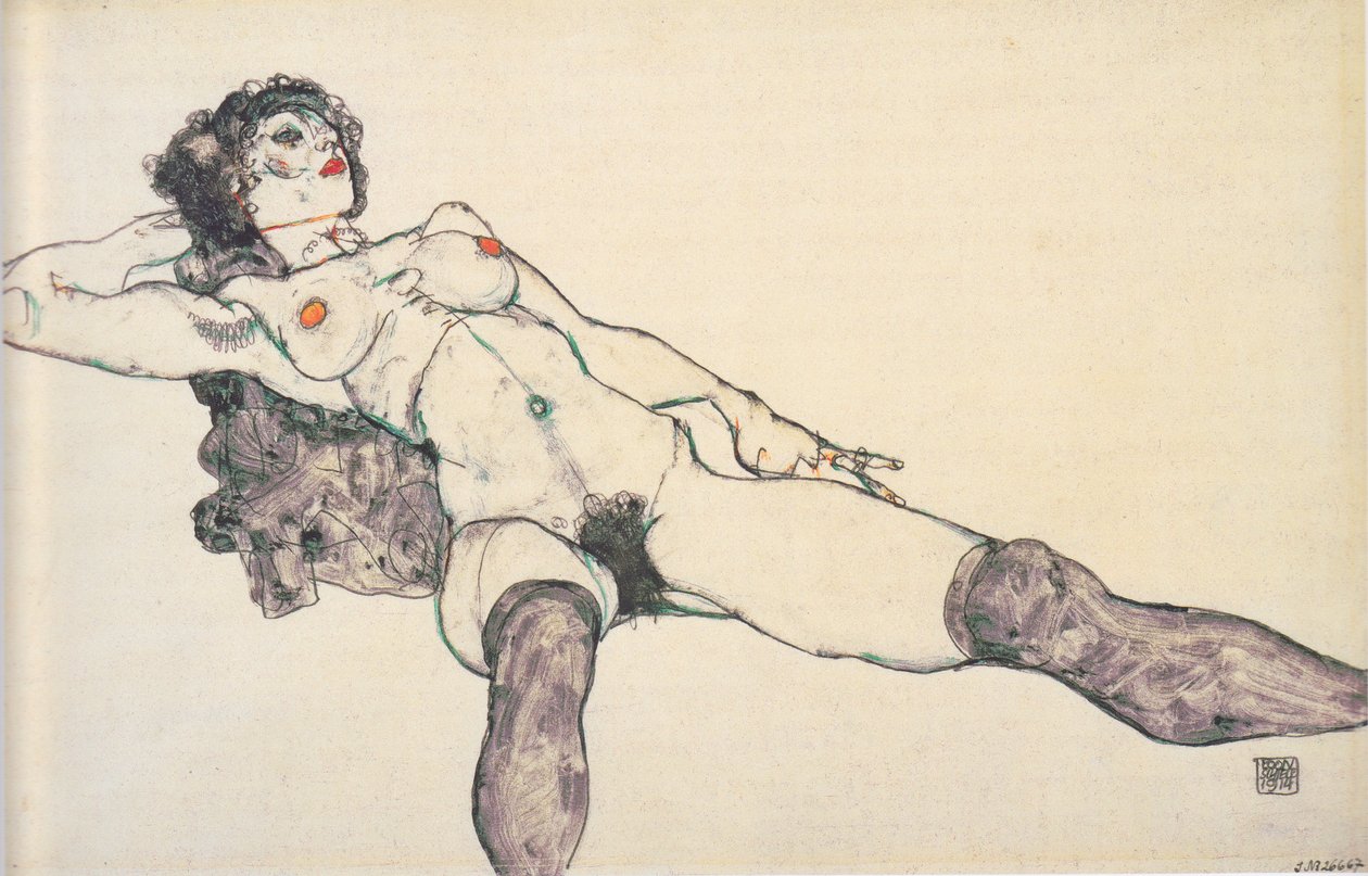 Liggande kvinnlig naken med benen isär av Egon Schiele