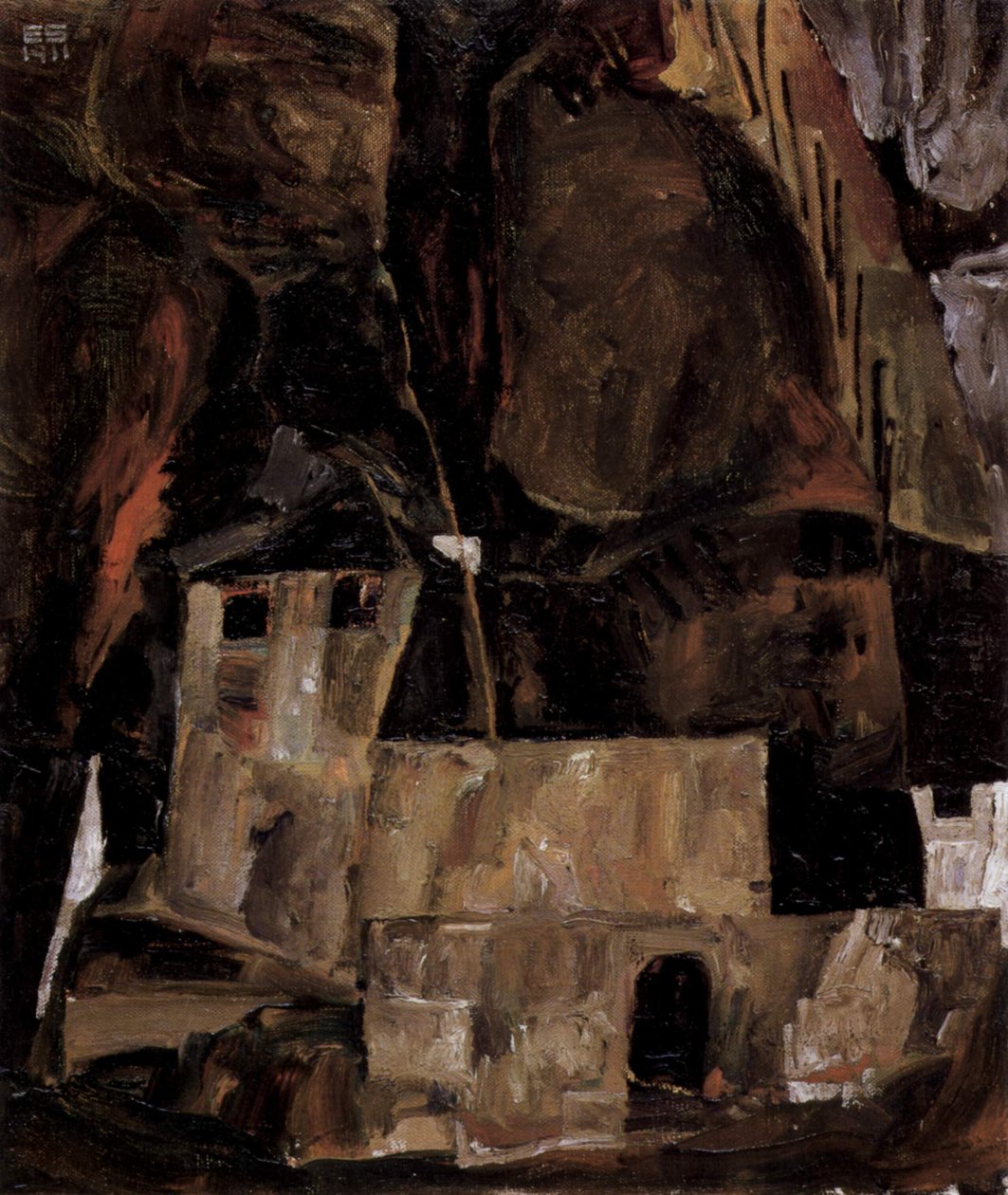 Mauer und Haus vor hügligem Gelände mit Zaun av Egon Schiele