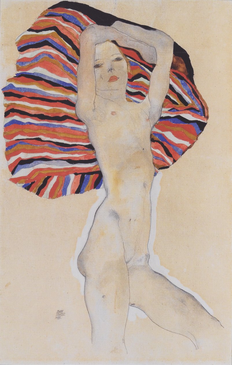 Naken av en tjej mot färgad duk av Egon Schiele