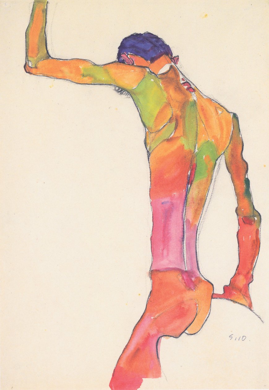 Manlig naken med armen upphöjd av Egon Schiele