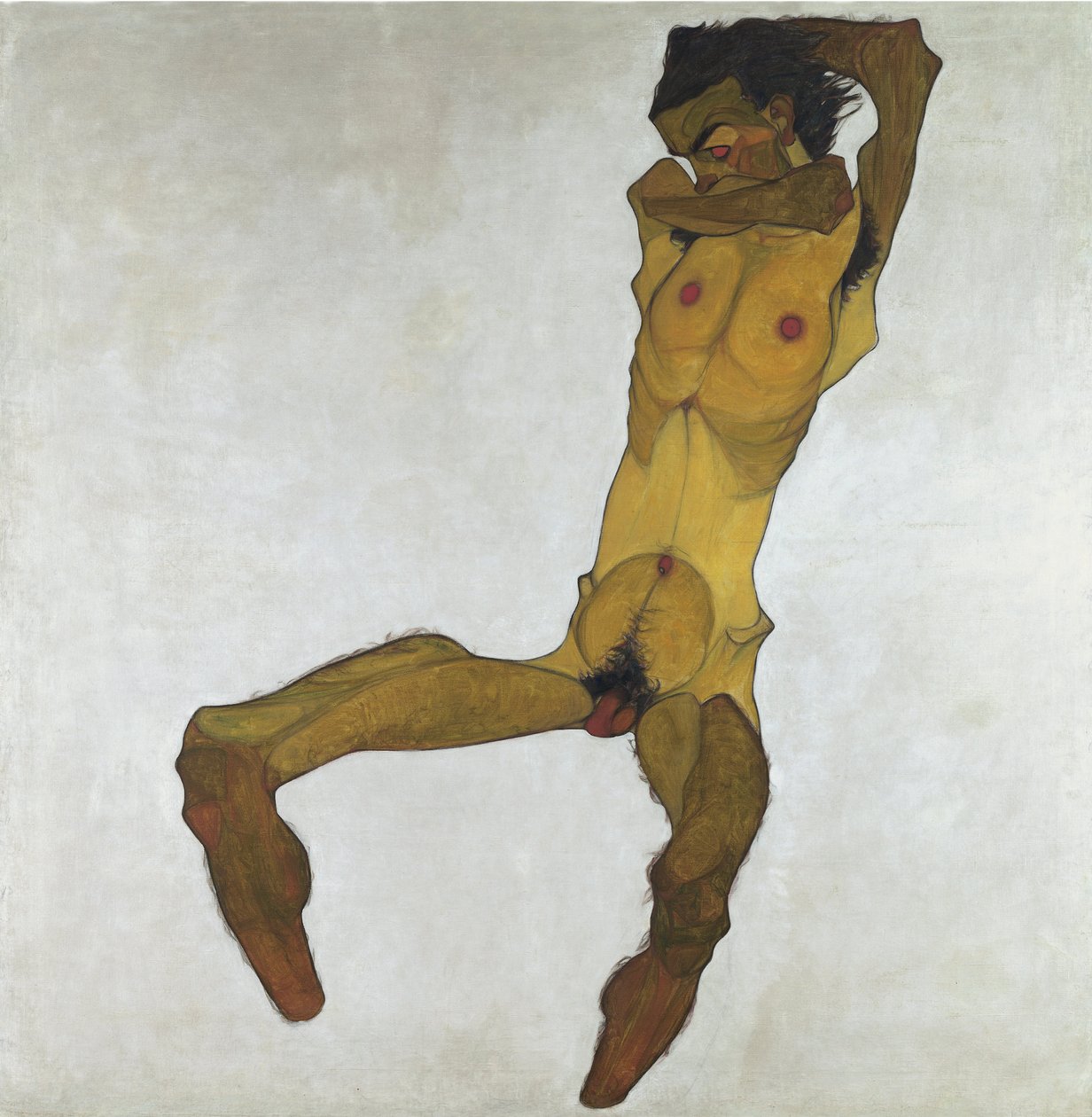 Sittande manlig naken (självporträtt) av Egon Schiele