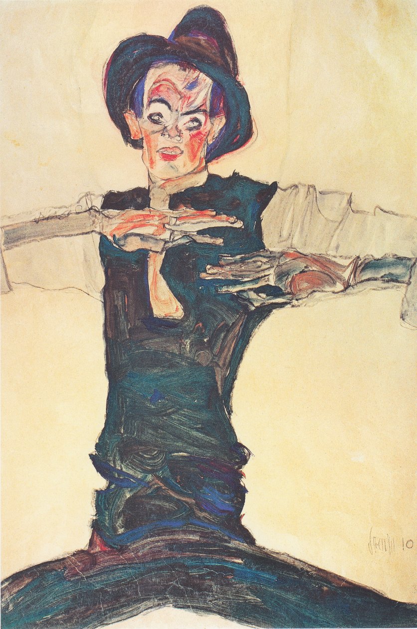 Självporträtt med en brun hatt av Egon Schiele
