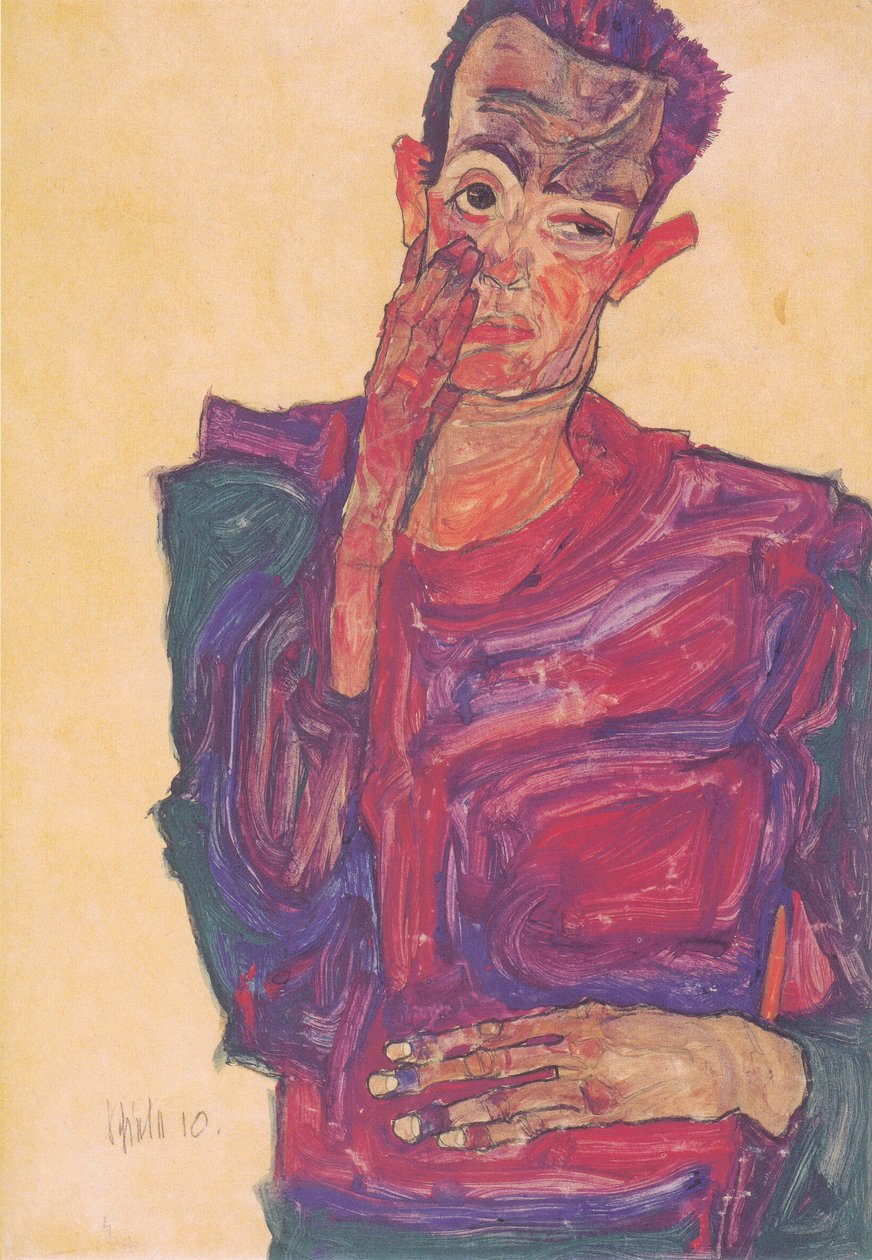 Selbstbildnis mit herabgezogenem Augenlid av Egon Schiele