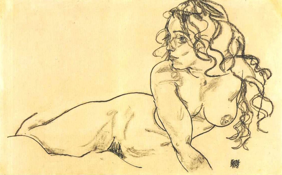 Sich aufstützender weiblicher Akt mit langem Haar av Egon Schiele