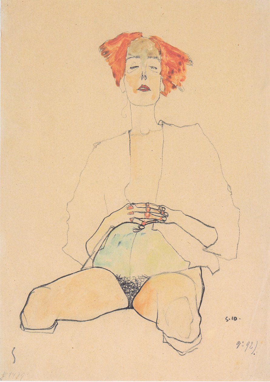 Sitter halv naken med rött hår av Egon Schiele