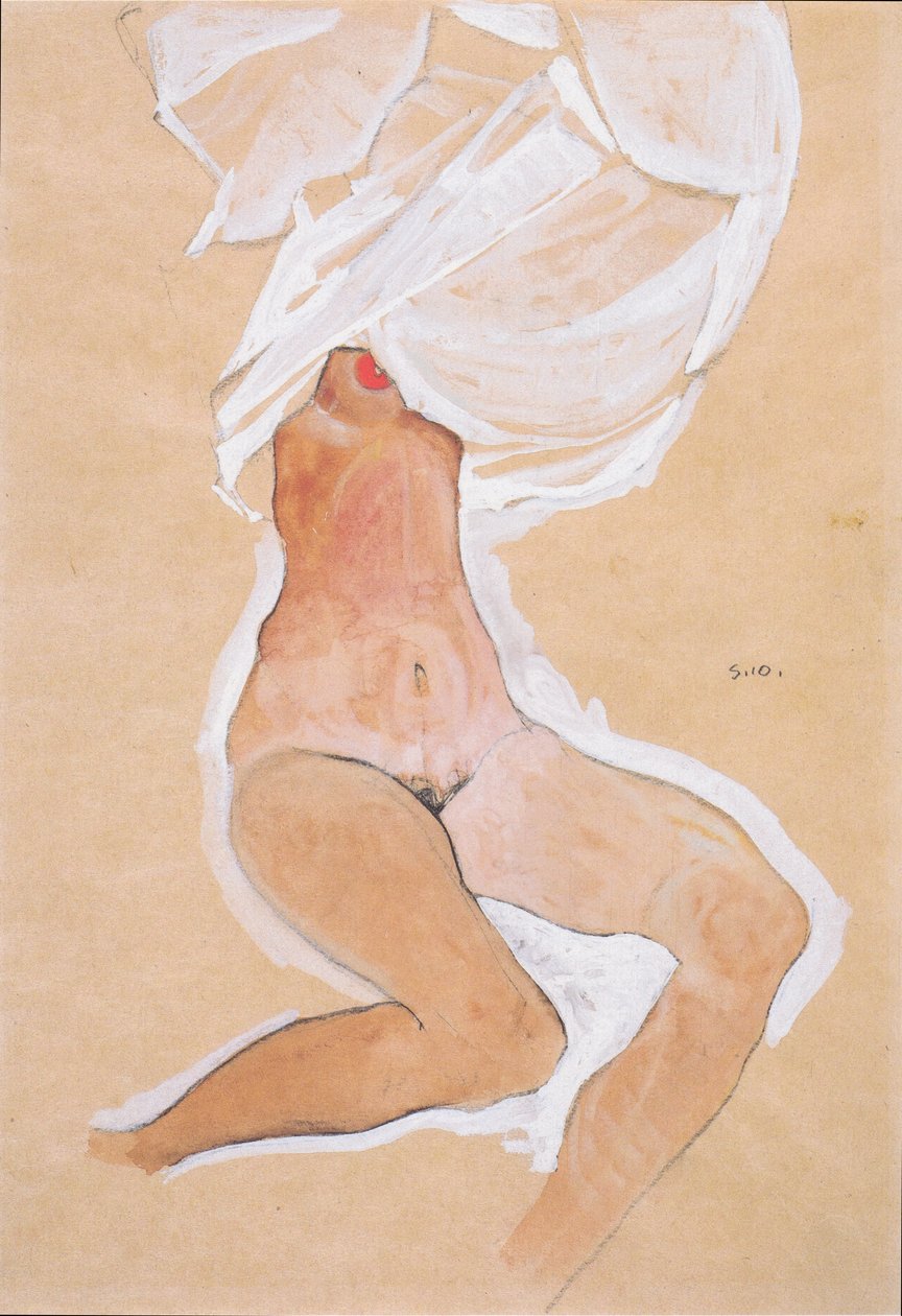 Sitter naken tjej med skjorta över huvudet av Egon Schiele