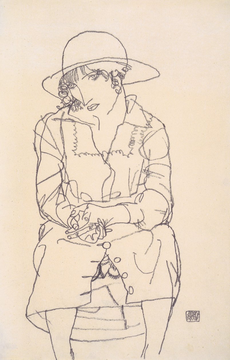 Sittande tjej i en hatt av Egon Schiele