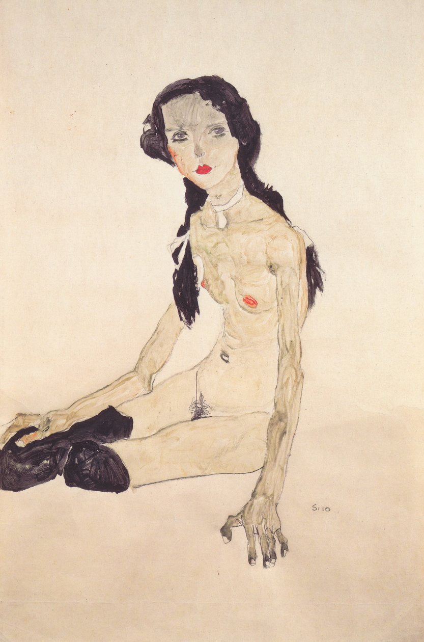Sittande tjej med hästsvans av Egon Schiele