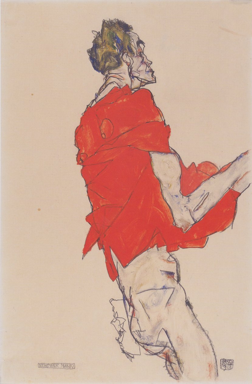 Stående man (självuttryck i röd skjorta) av Egon Schiele