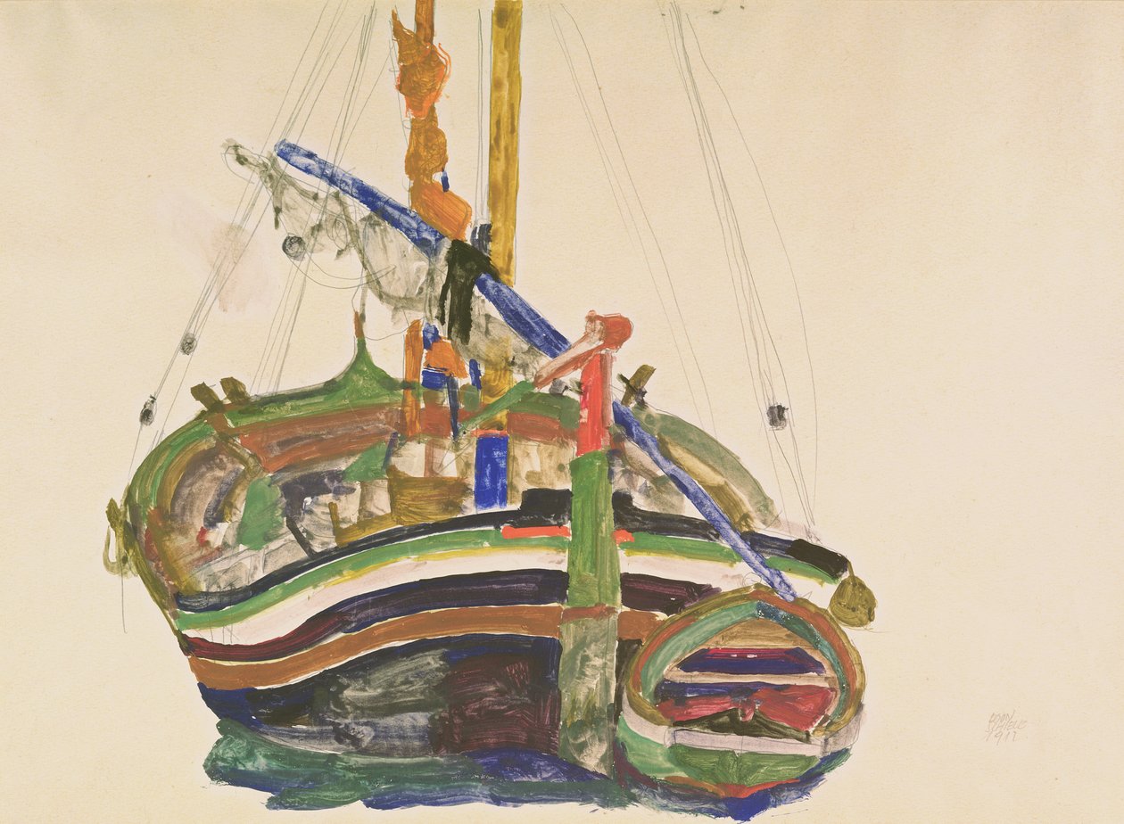 Trieste fiskebåt, 1912 (penna, wc och gouache på Strathmore Japan-papper) av Egon Schiele