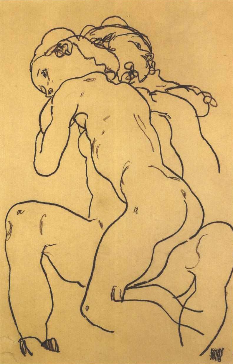 Zwei einander umarmende Mädchenakte av Egon Schiele