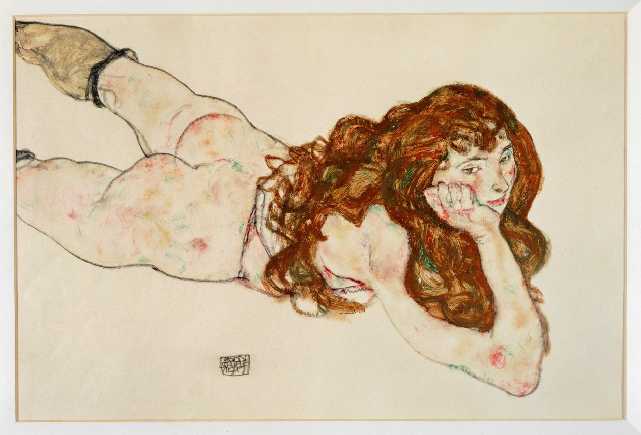 Kvinnlig naken liggande på mage - Naken på mage (gouache och svart krita) av Egon Schiele