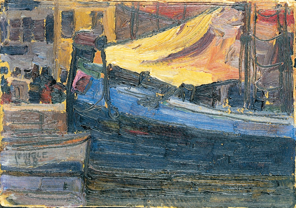 Förankrade båtar med husvägg i bakgrunden, 1908 av Egon Schiele