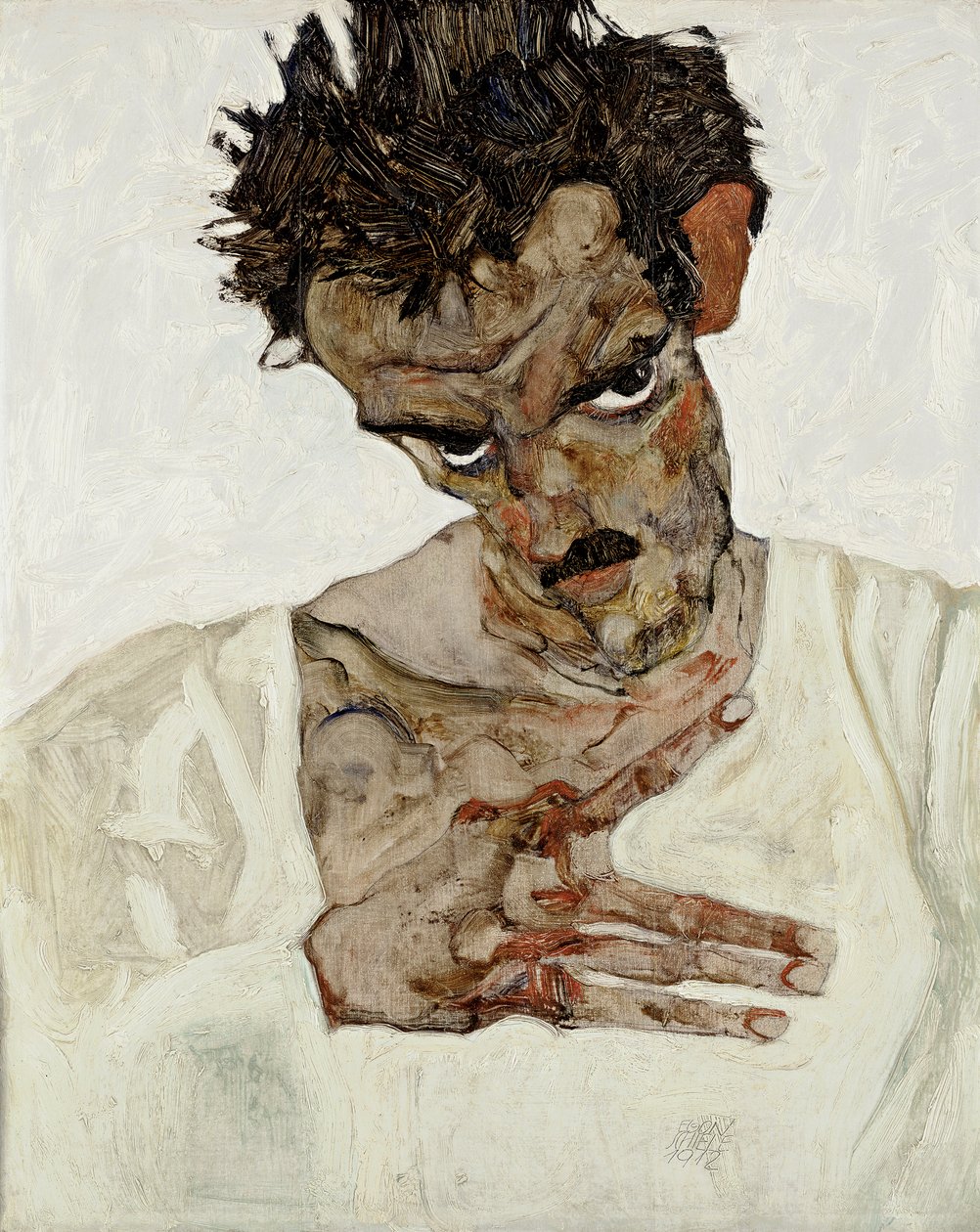 Självporträtt med sänkt huvud. Målning av Egon Schiele (1890-1918), olja på trä av Egon Schiele