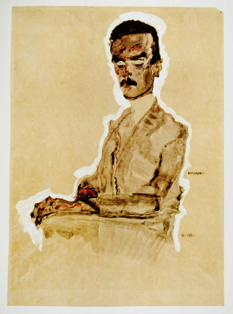 Bildnis Eduard Kosmack, sitzend -Porträtt av Eduard ... (gouache, akvarell och svart krita med vit förhöjning) av Egon Schiele