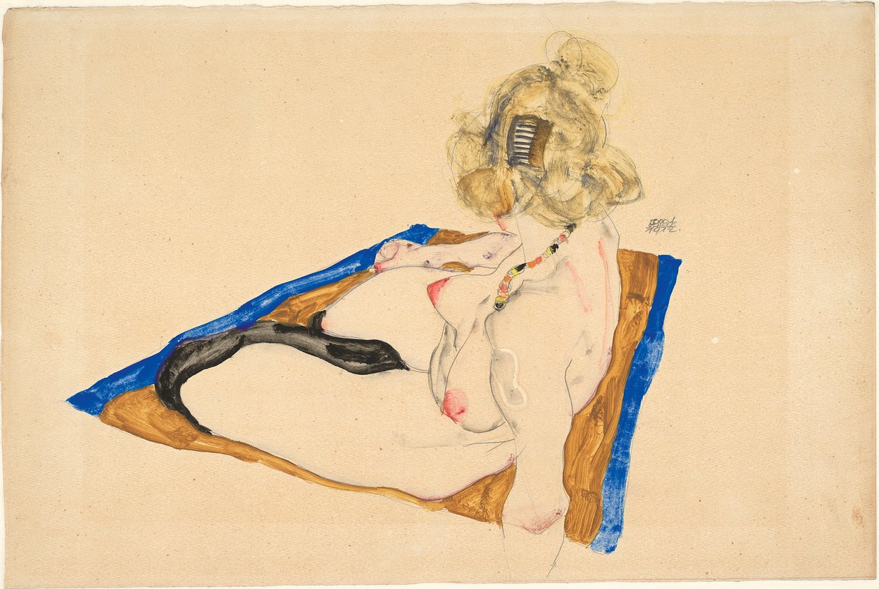 Blond naken sittande på en brun matta med blå kant, 1912. av Egon Schiele