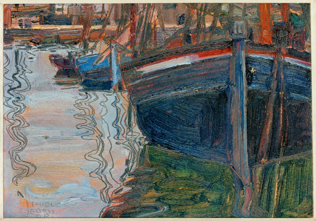 Boats, sich im Wasser spiegelnd [Båtar som speglar sig i vattnet ... av Egon Schiele
