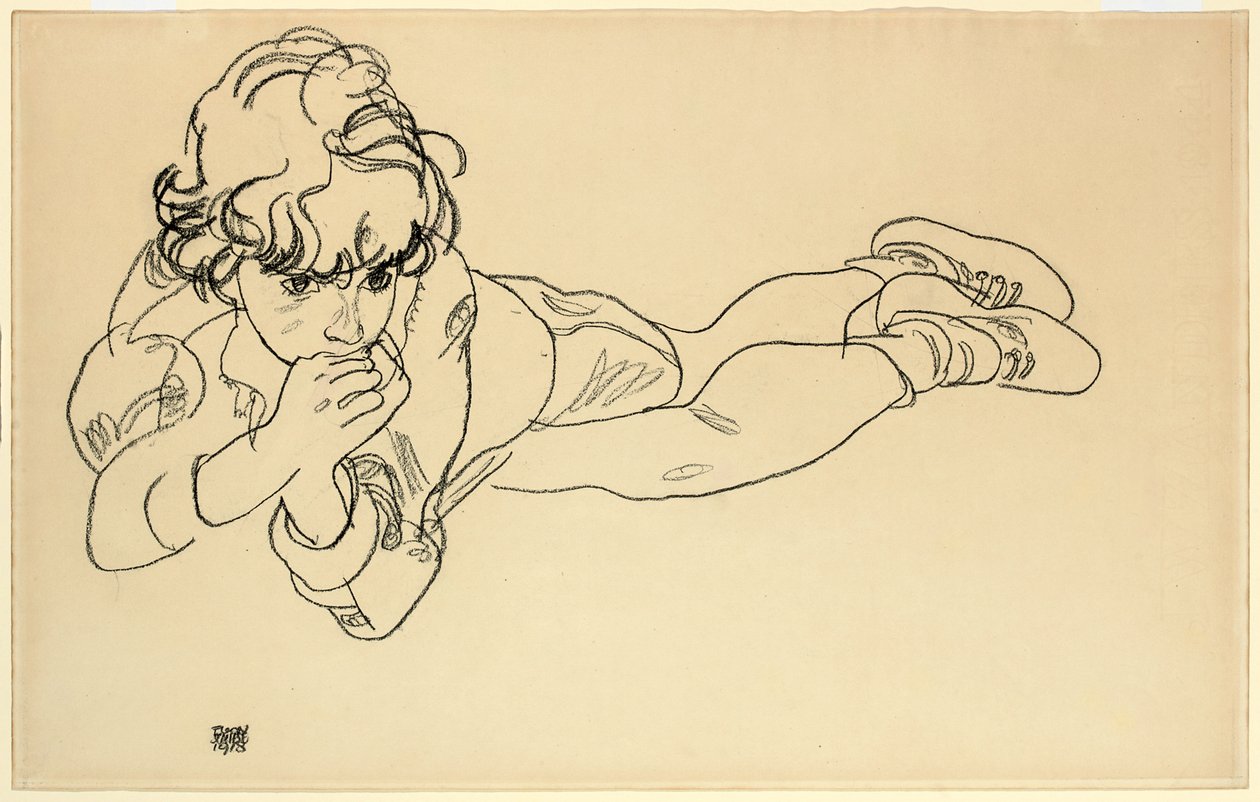 Pojke som ligger på magen, 1918 av Egon Schiele