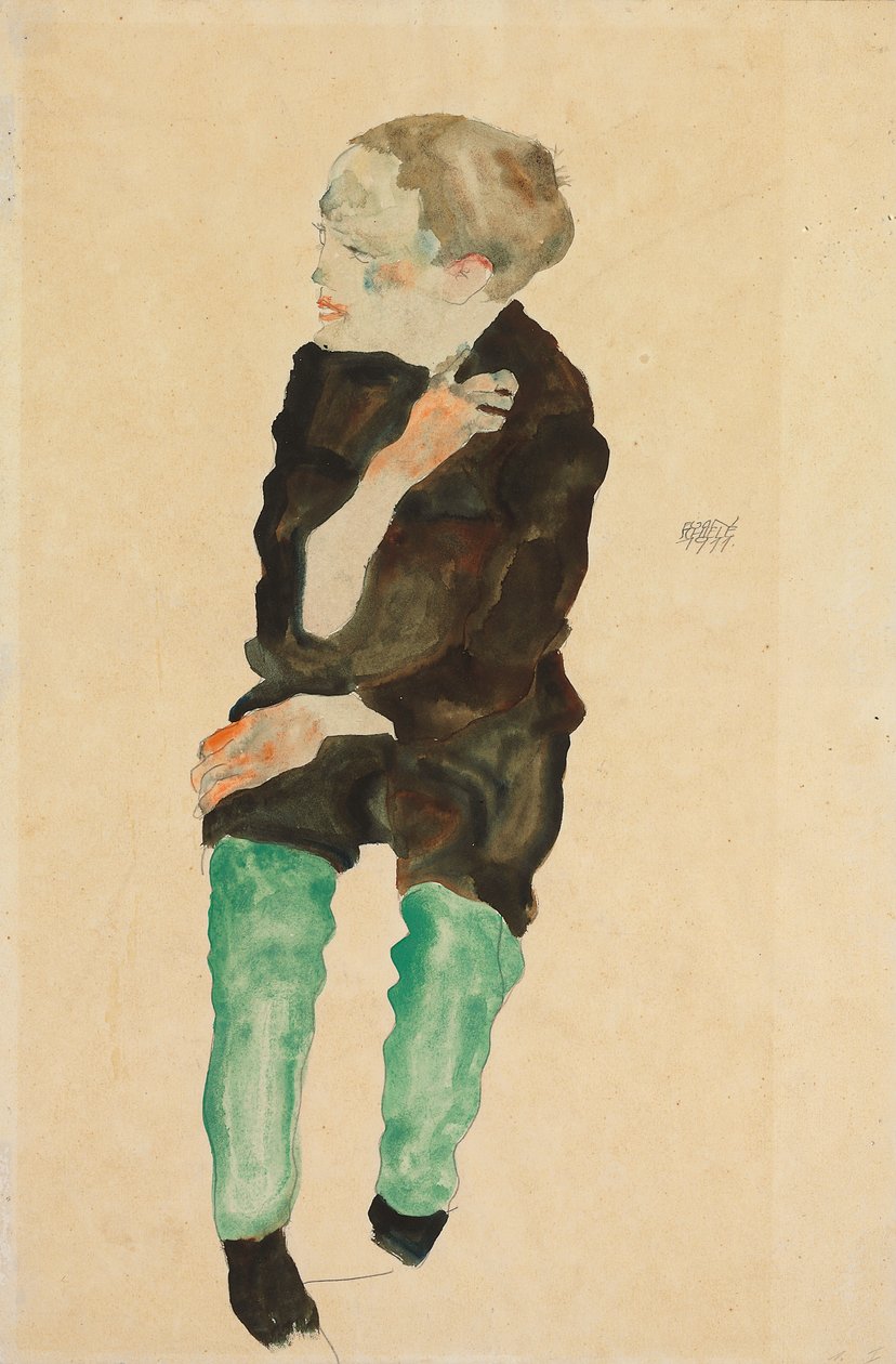 Pojke med gröna strumpor; Bub mit grunen Strumpfen, 1911 av Egon Schiele