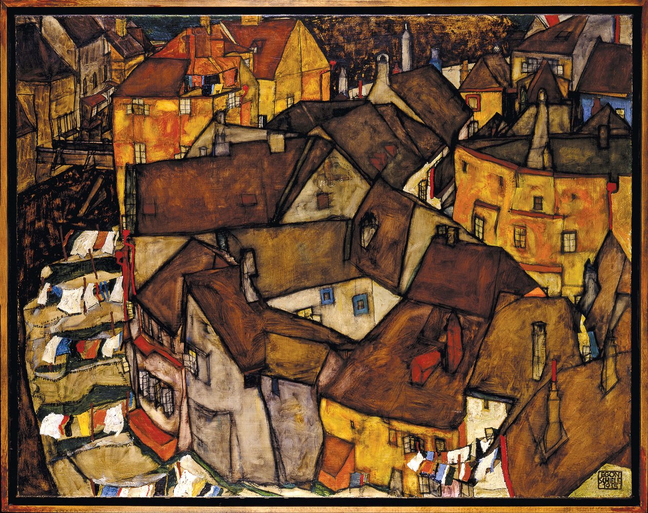 Croissant de maisons, Krumau (actuelle Cesky Krumlov, Tchecoslovaquie) - Crescent of Houses, Krumau (Den lilla staden V), av Schiele, Egon (1890-1918). Olja på duk av Egon Schiele