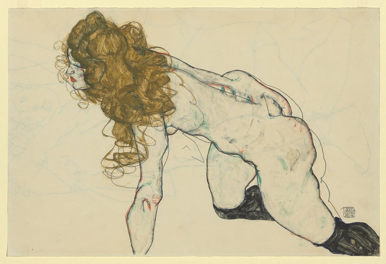 Hukande naken kvinna med blont hår och vilande vänster arm (recto) av Egon Schiele
