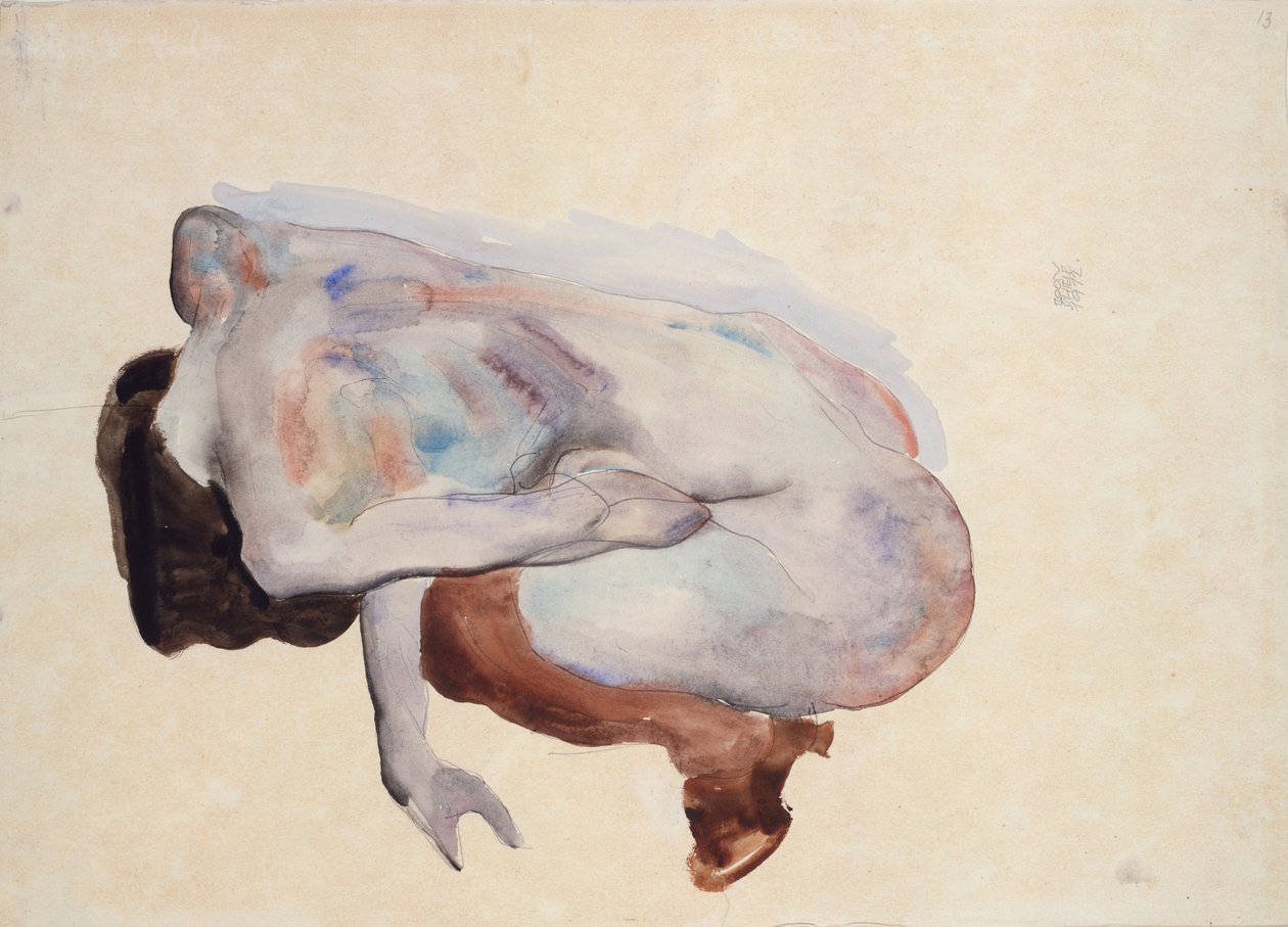 Hukande naken i skor och svarta strumpor, bakifrån, 1912 (wc, gouache och grafit på papper) av Egon Schiele