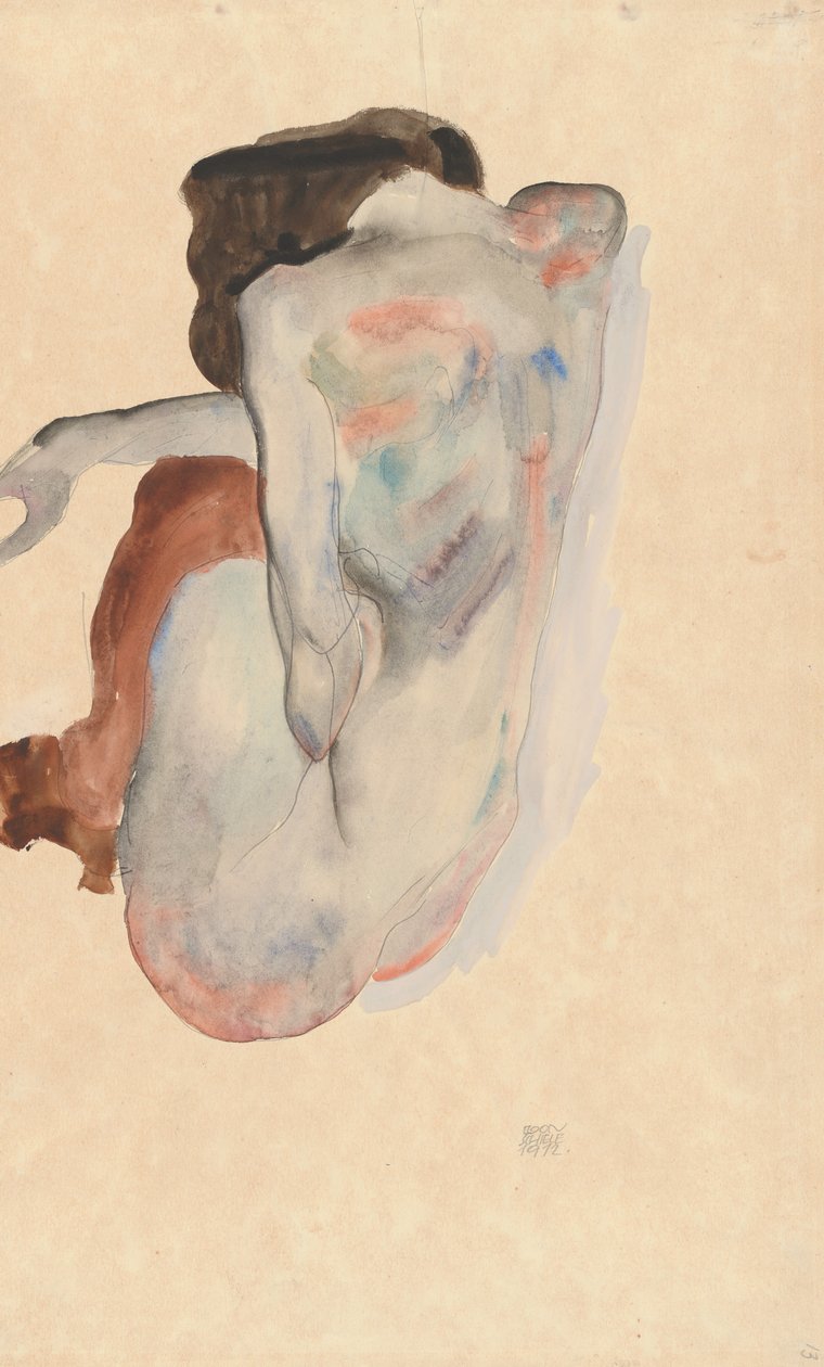 Hukande naken i skor och svarta strumpor, bakifrån, 1912. av Egon Schiele