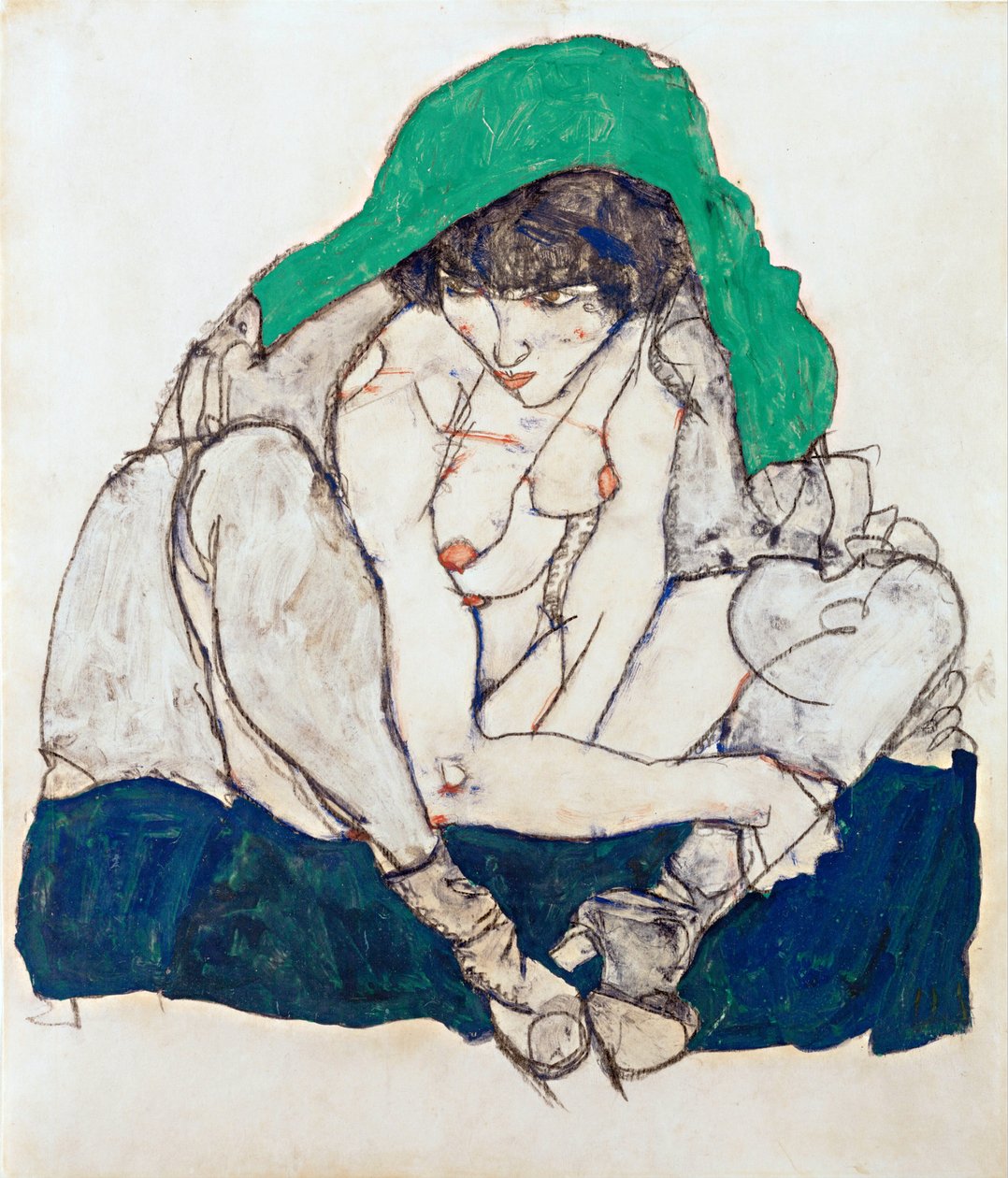 Hukande kvinna med grön huvudduk - Schiele, Egon (1890-1918) - 1914 - Svart krita, Gouache på papper - 47x31 - Leopoldmuseet, Wien av Egon Schiele