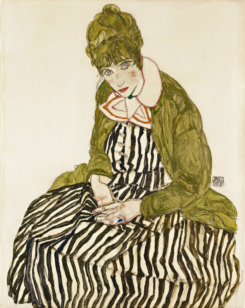 Edith Schiele i randig klänning, sittande. Verk av Egon Schiele (1890-1918), penna och gouache på papper av Egon Schiele