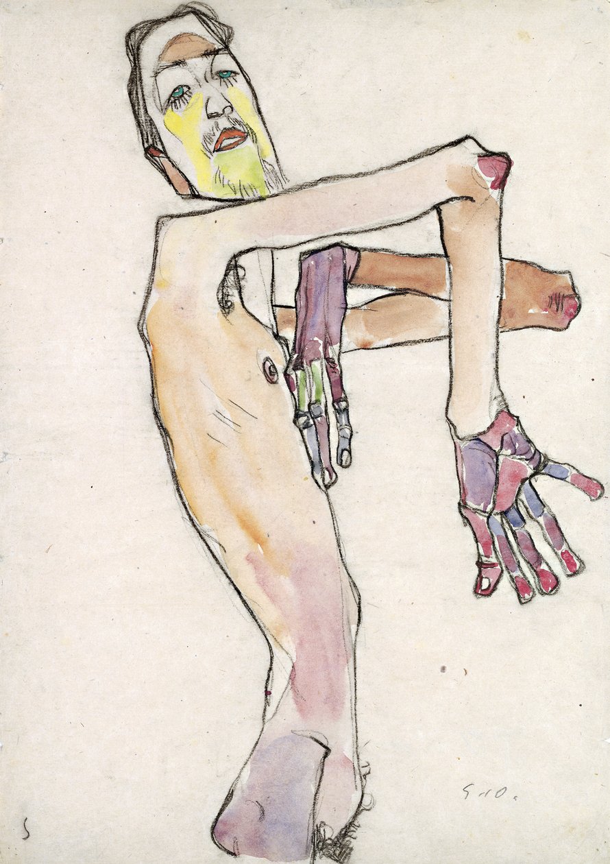 Erwin Dominik Osen (1891–1970) som Naken med korsade armar av Schiele, Egon (1890–1918). Svart krita, akvarell på papper, storlek: 44,7x31,5 av Egon Schiele
