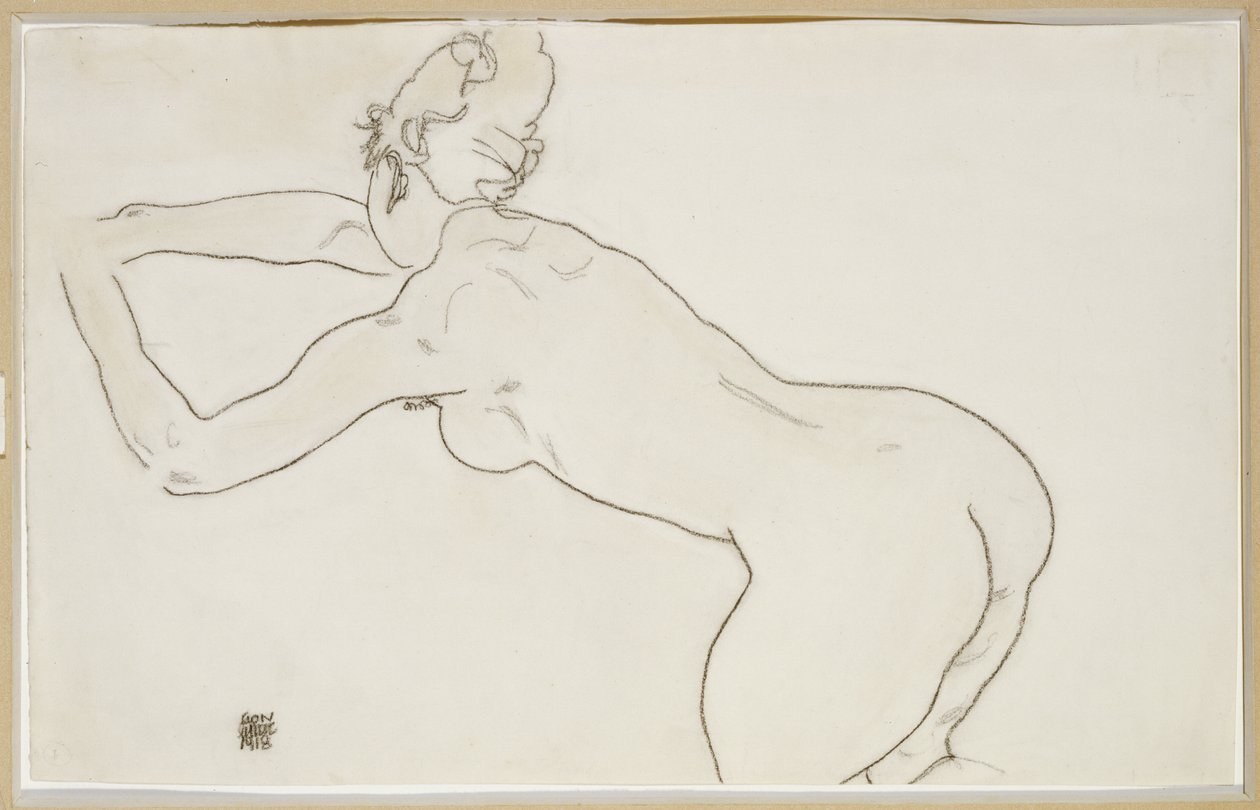 Naken kvinna som knäböjer och böjer sig framåt åt vänster, 1918 av Egon Schiele