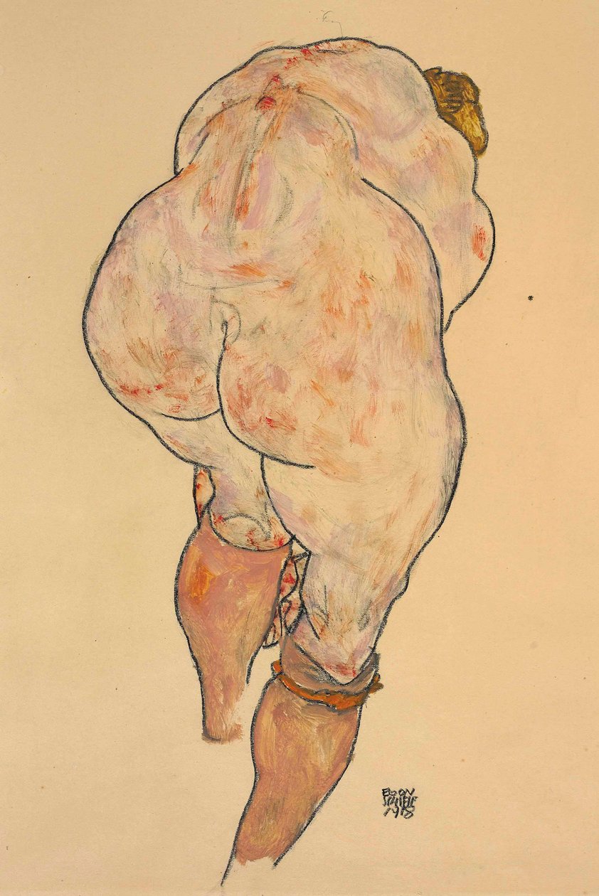 Naken kvinna drar upp strumpor, bakifrån, 1918. av Egon Schiele
