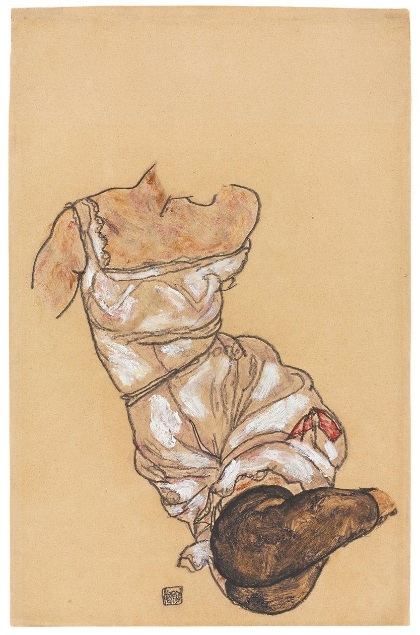 Kvinnlig torso i underkläder och svarta strumpor; Kvinnlig överkropp i underkläder och svarta strumpor, 1917 av Egon Schiele