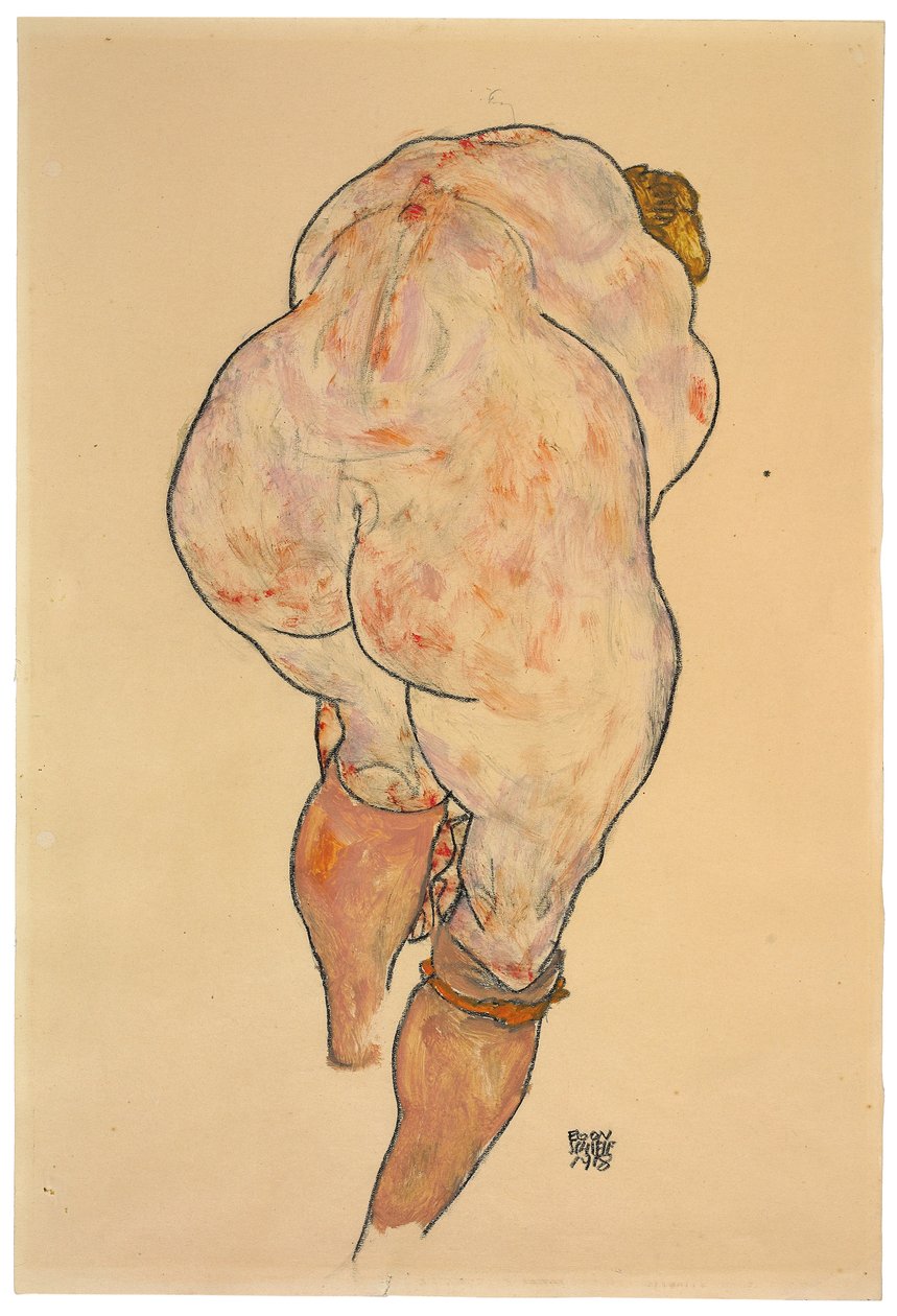 Naken kvinna drar upp strumpor, vy bakifrån, 1918 av Egon Schiele