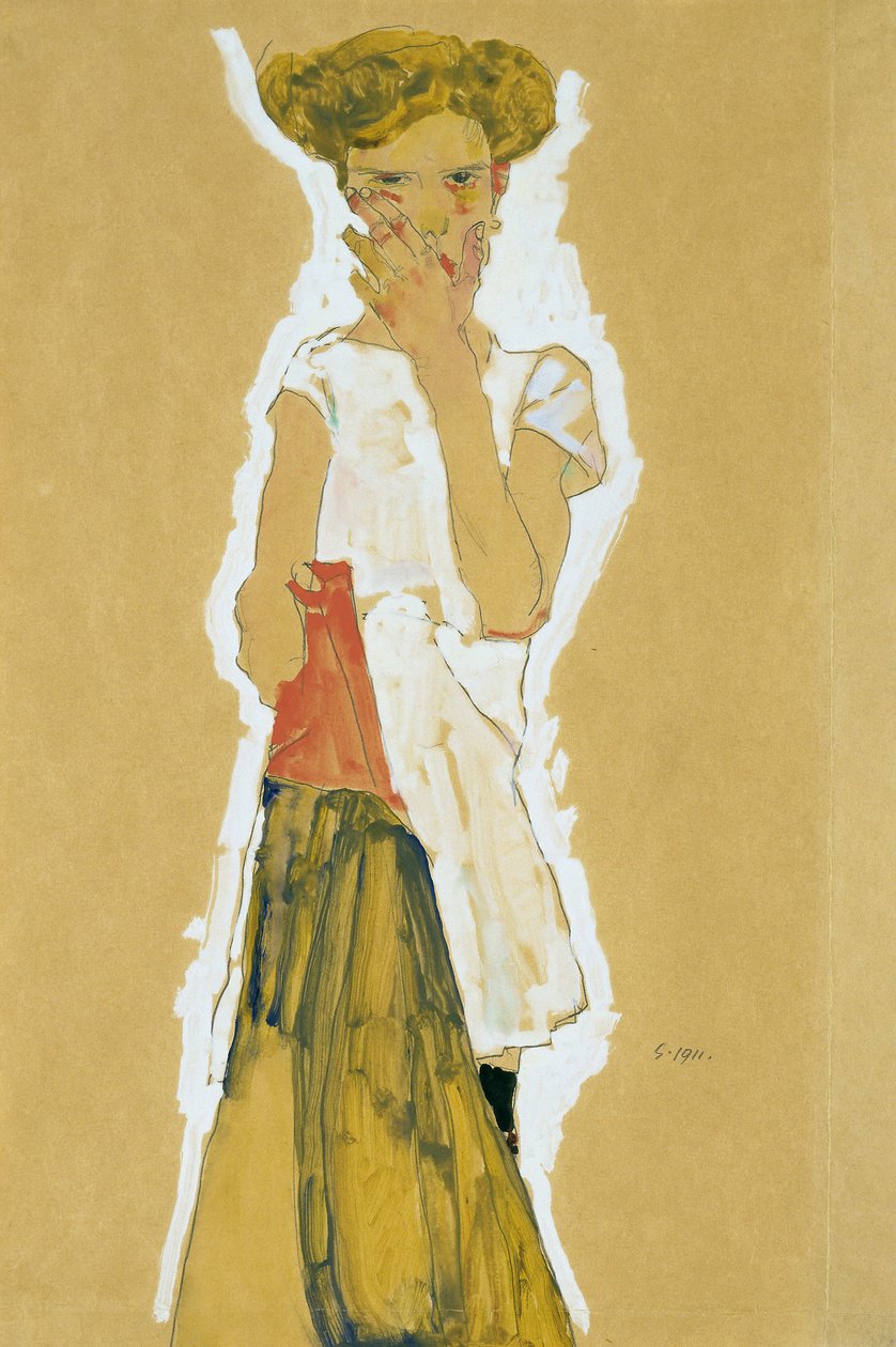 ""Standing Girl in White Petticoat"" (Standing Girl in White Petticoat) Gouache på papper av Egon Schiele (1890-1918) - 1911 Dim 55x37 cm Museum of Modern Art, New York av Egon Schiele