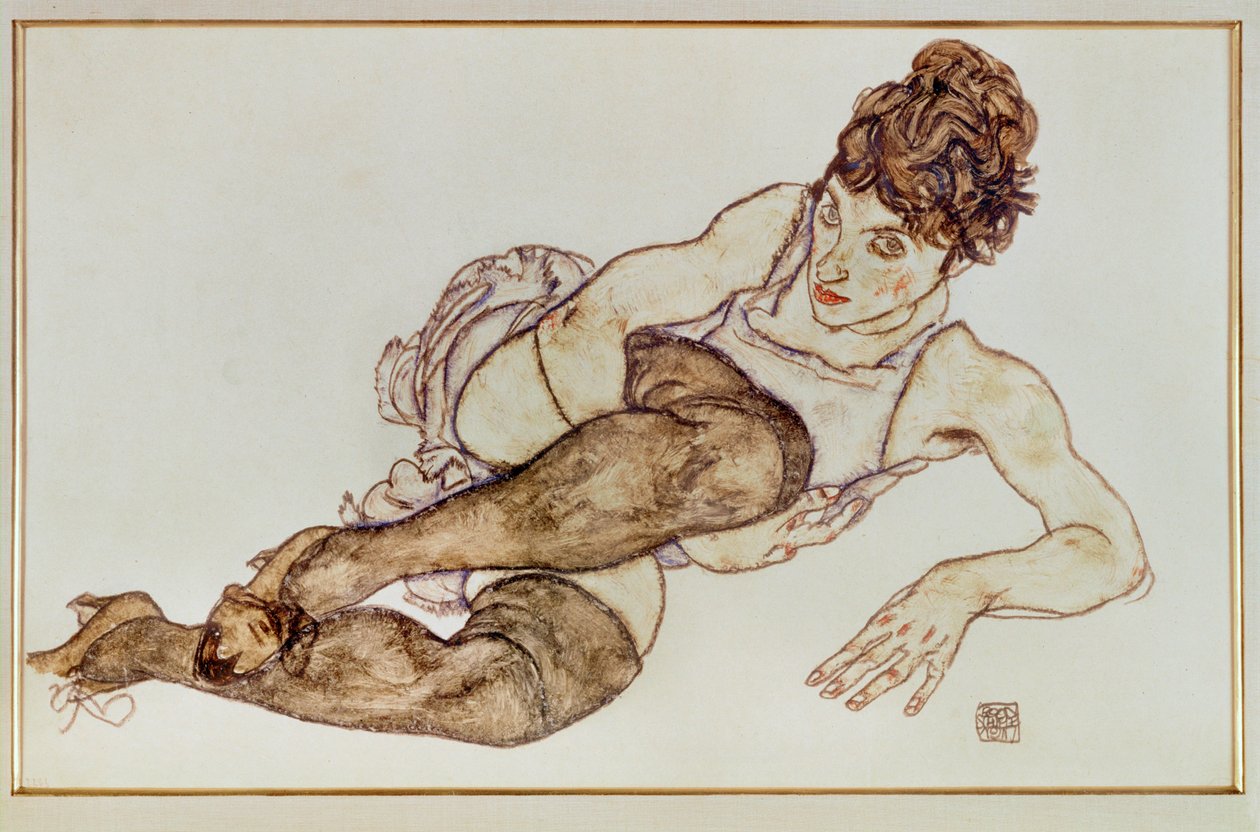 Kvinna med bruna strumpor - Kvinna ... (gouache och svart krita) av Egon Schiele