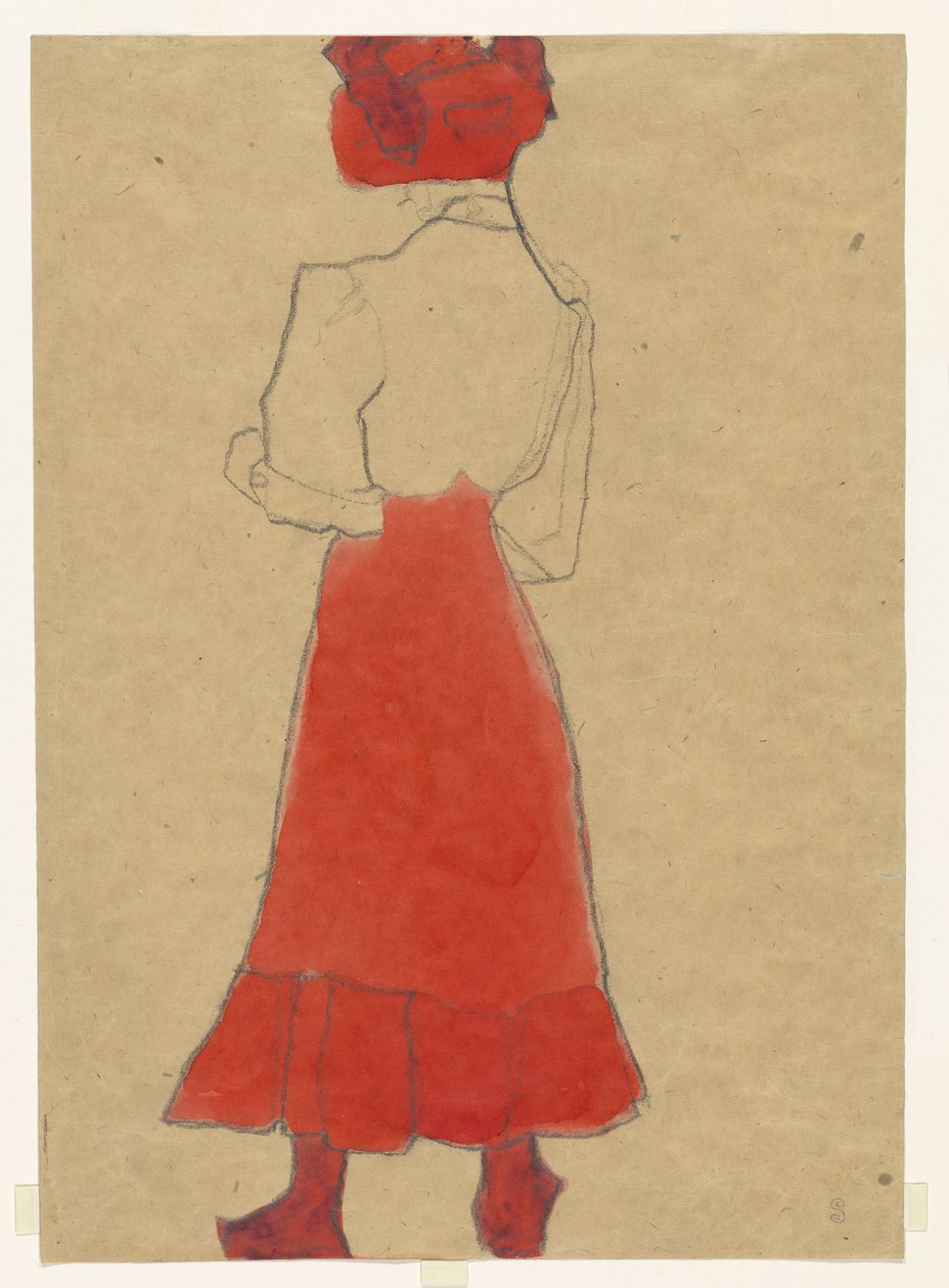 Kvinna med röd kjol av Egon Schiele