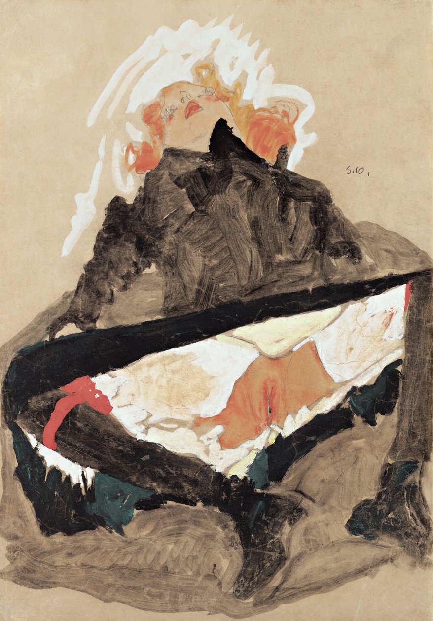 Flicka i svart klänning med spridda ben, 1910 av Egon Schiele