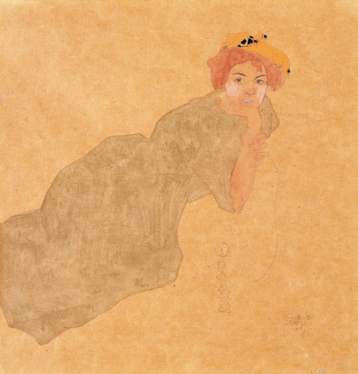 Flicka i olivfärgad klänning med stödd arm, 1908 av Egon Schiele