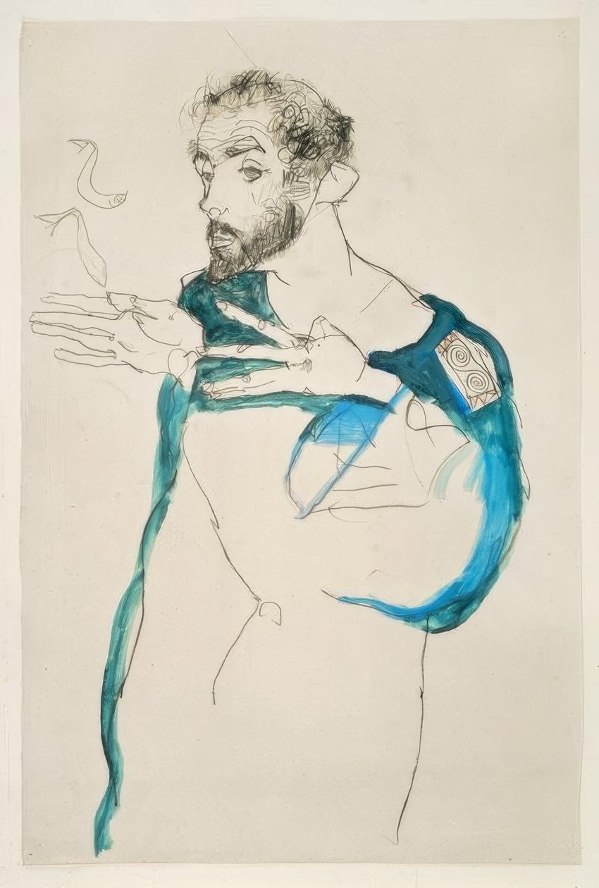 Gustav Klimt i sin blå arbetssmocka av Egon Schiele
