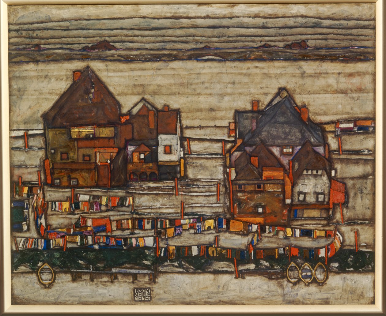 Hus och färgglad tvättstuga, förort, även två kvarter med hus med tvättlinor ... av Egon Schiele
