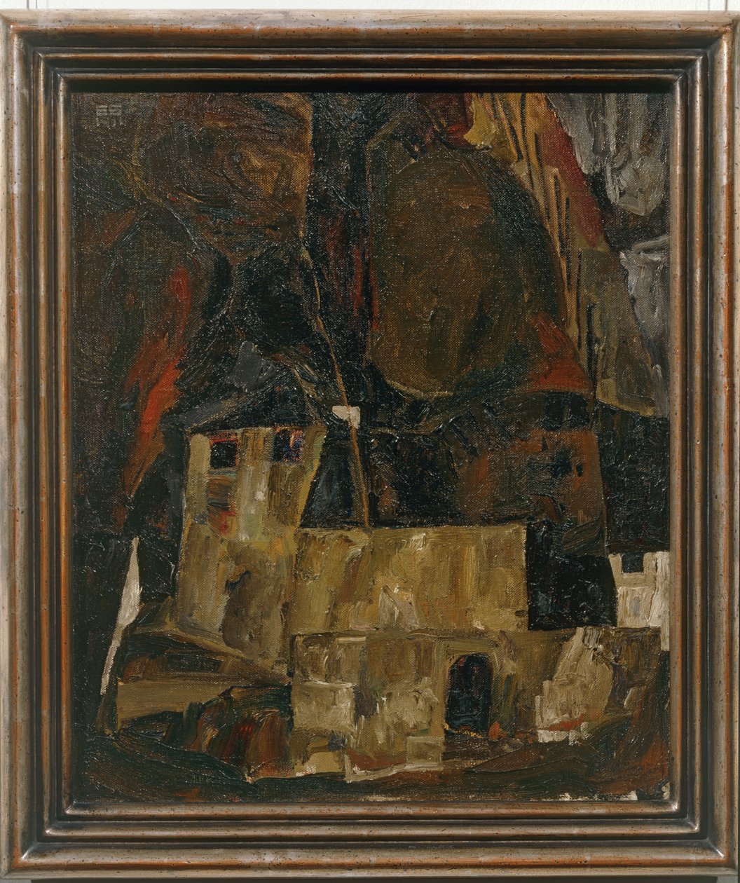 Haus und Mauer vor hügeligem Gelände - Hus och mur framför ett kuperat landskap ... av Egon Schiele