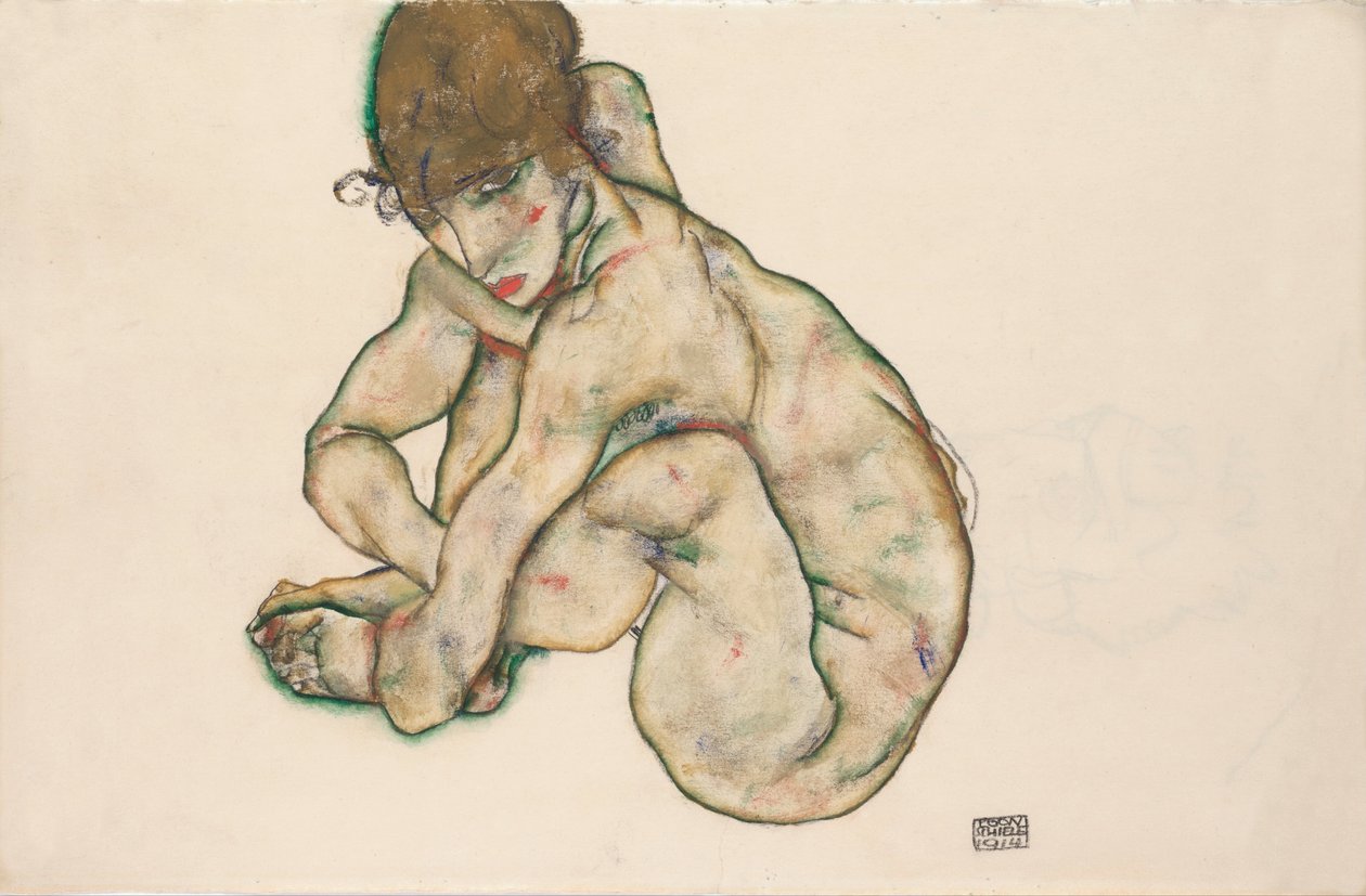 Hukande nakenflicka av Egon Schiele