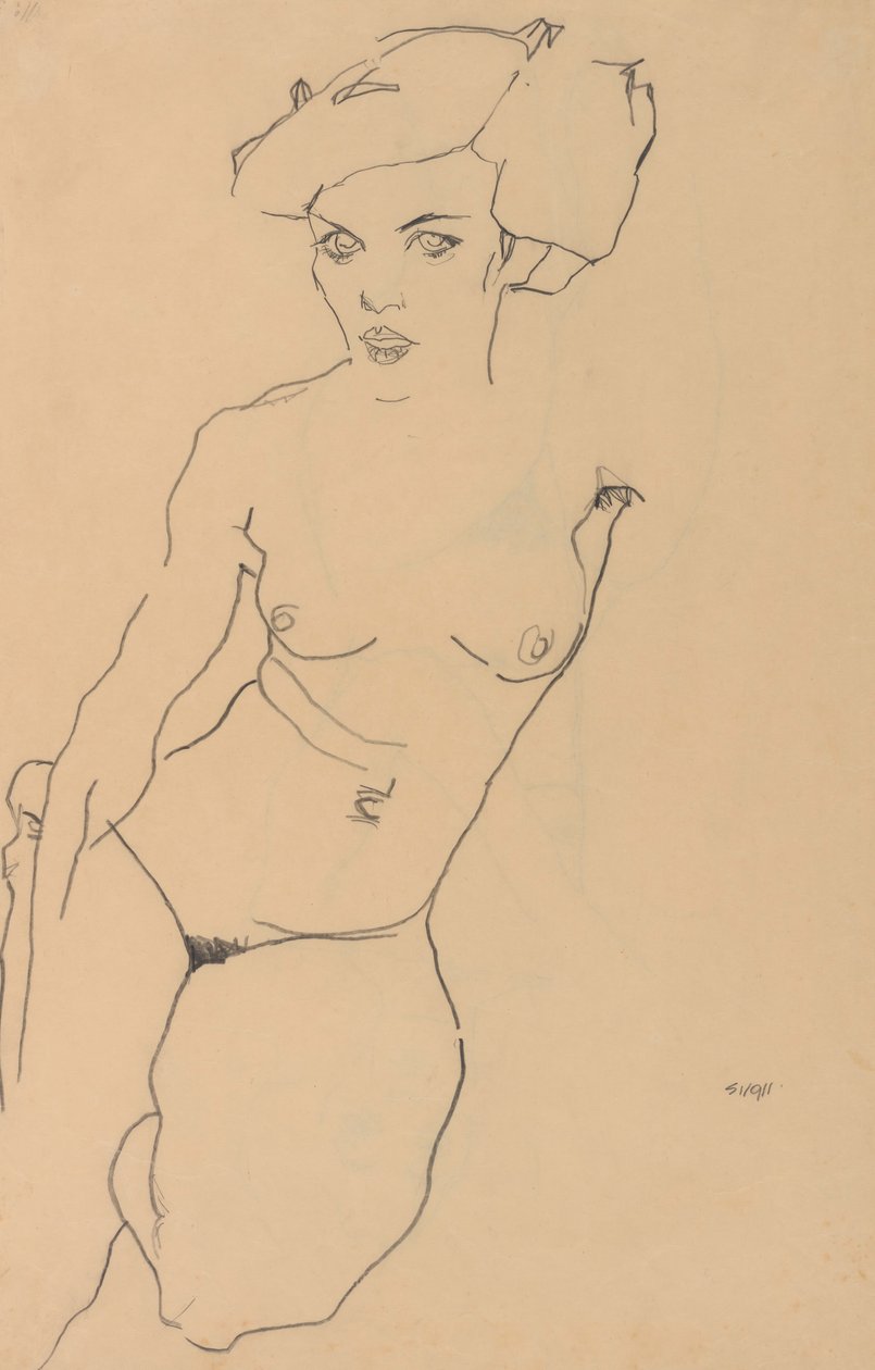 Knästående Kvinna Naken av Egon Schiele