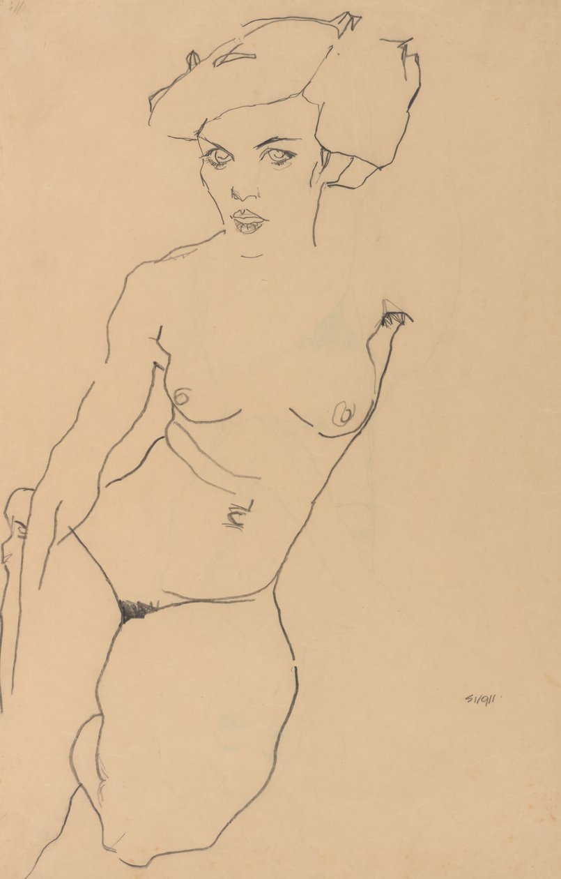 Knästående kvinnlig nakenstudie av Egon Schiele