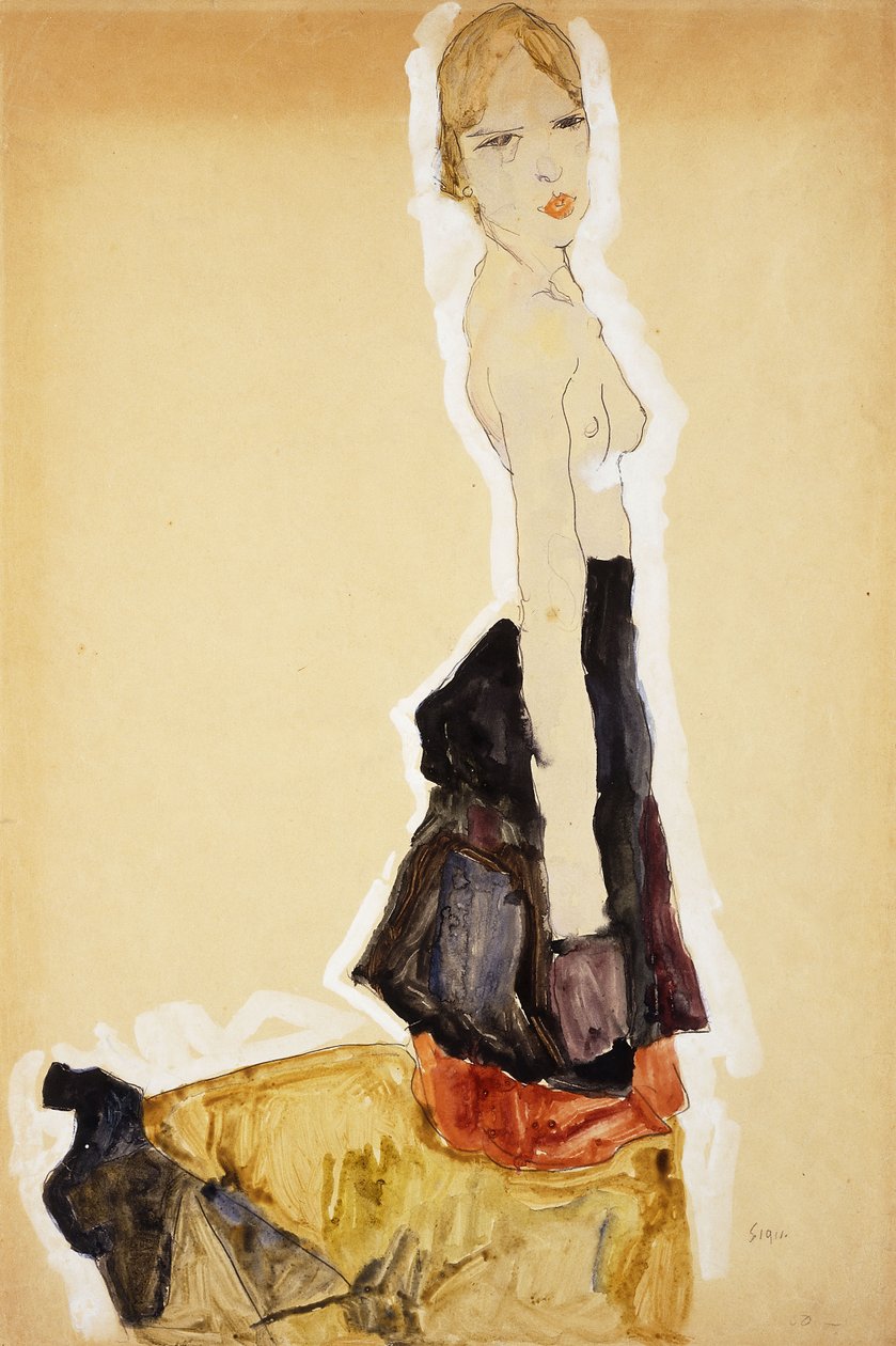 Knästående flicka med spansk kjol; Knästående flicka med spansk kjol, 1911 av Egon Schiele
