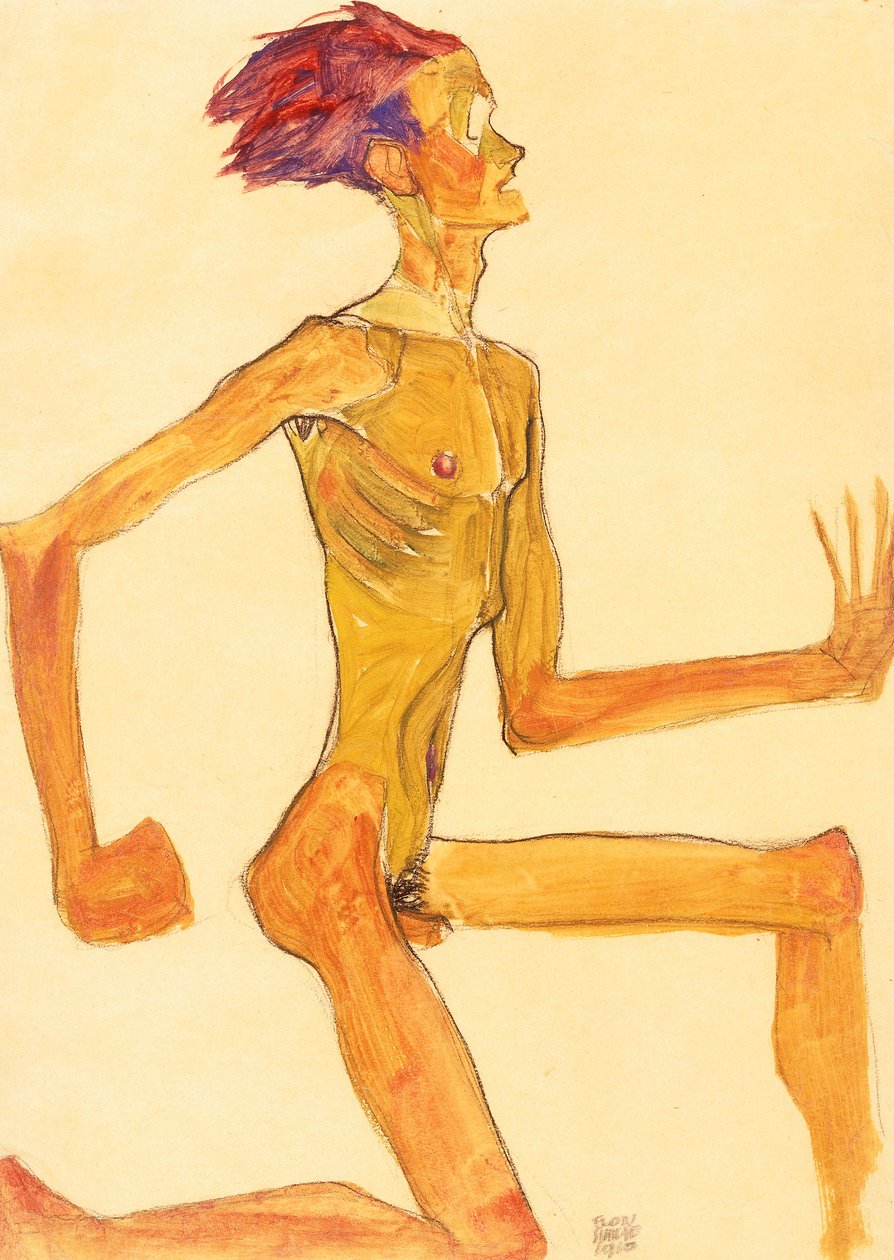 Knästående naken man, i profil till höger av Egon Schiele