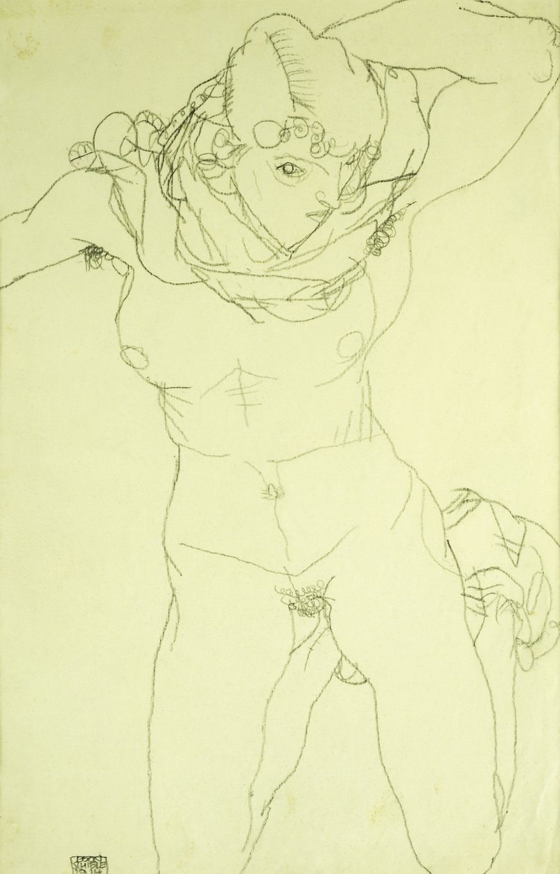 Knästående naken framifrån; Knästående naken framifrån, 1914 av Egon Schiele