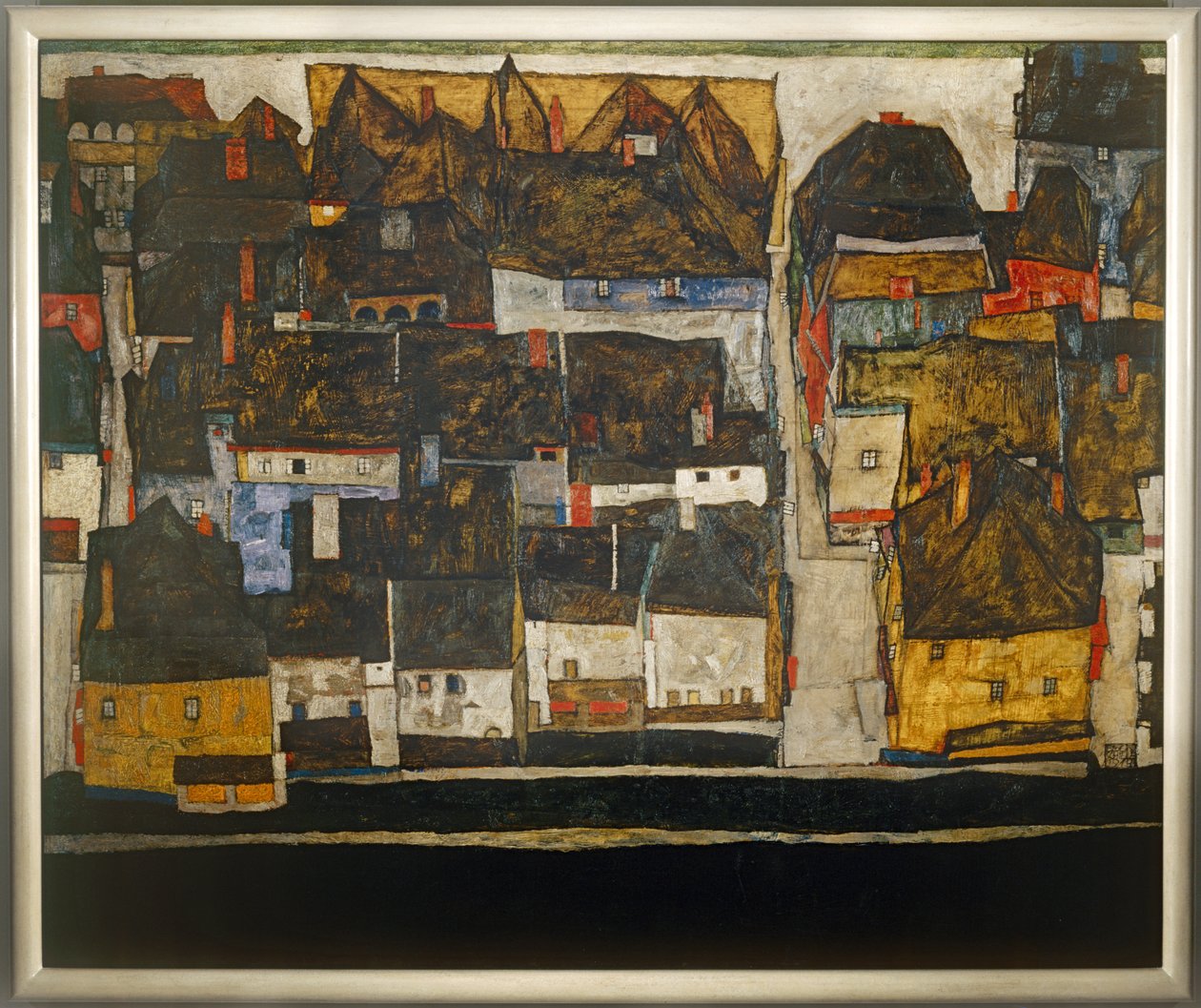Krumlov och Vltava - Krumlov vid floden Vltava ... (olja på duk) av Egon Schiele