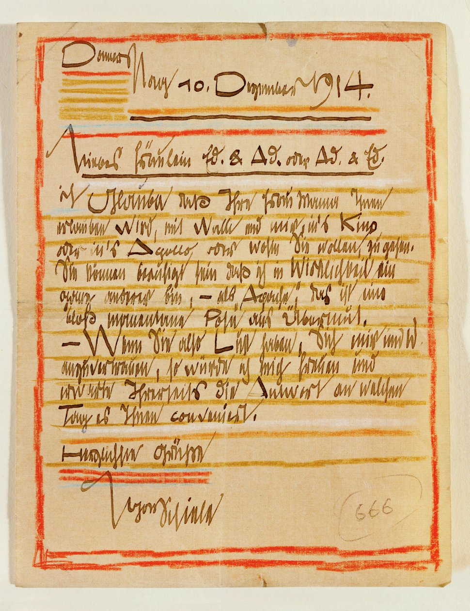 Konstnärligt utformat brev från Egon Schiele till systrarna Edith och Adele Harms daterat 10 ... (bläck, färgkritor) av Egon Schiele